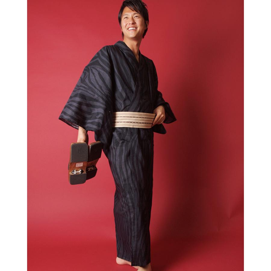 浴衣 メンズ/送料無料/浴衣+帯+下駄+腰紐/日本製高級綿麻生地 ゼブラ柄