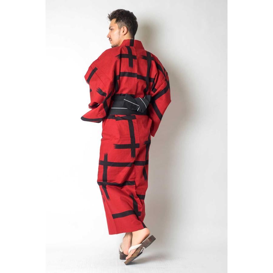浴衣 メンズ/送料無料/浴衣+帯+下駄+腰紐/日本製綿麻生地 大格子[赤×黒