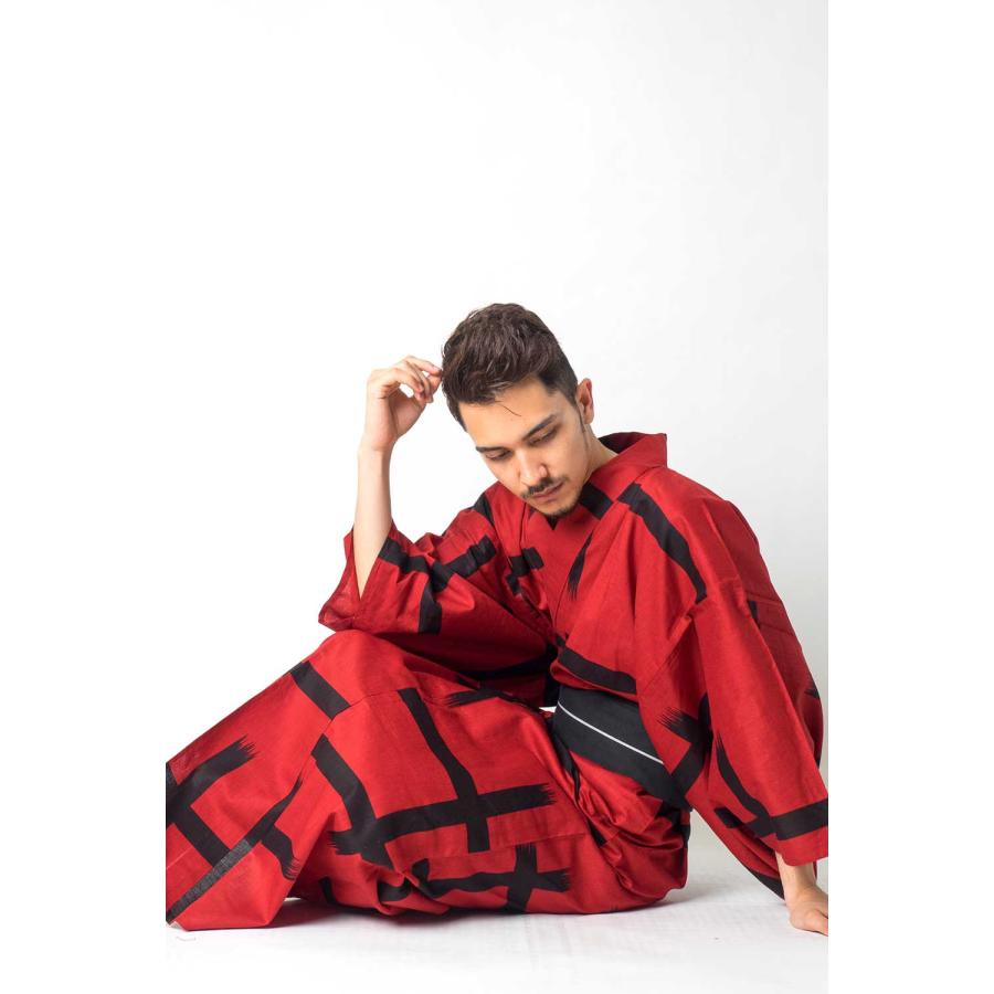 浴衣 メンズ/送料無料/浴衣+帯+下駄+腰紐/日本製綿麻生地 大格子[赤×黒