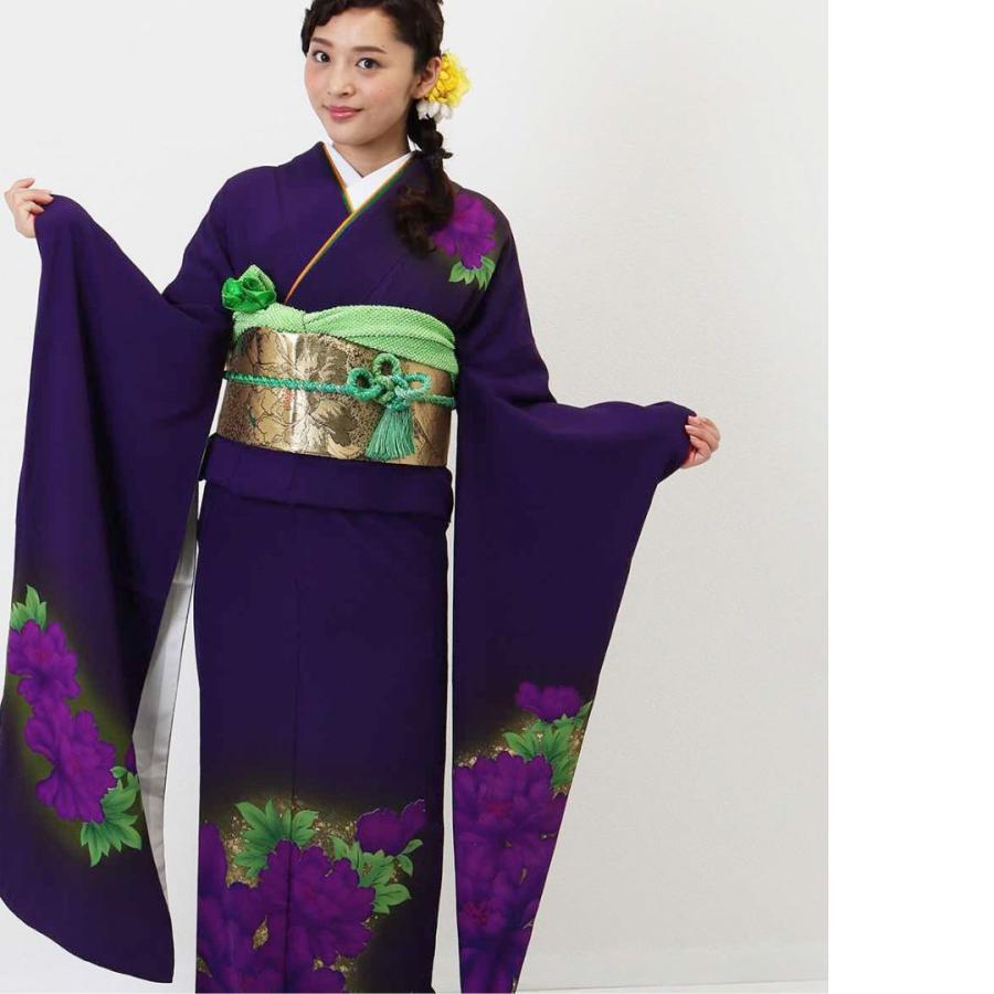 601z19〇華やか 高身長な方にも 振袖 黒 紫 花〇美品 成人式 結婚式 対応身長150cm〜165cm】【正絹】成人式レンタル振袖フルセット-039 花