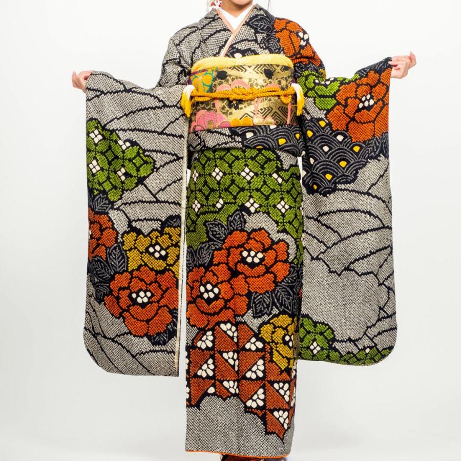 対応身長160cm〜175cm】【正絹】成人式レンタル振袖フルセット-135 花