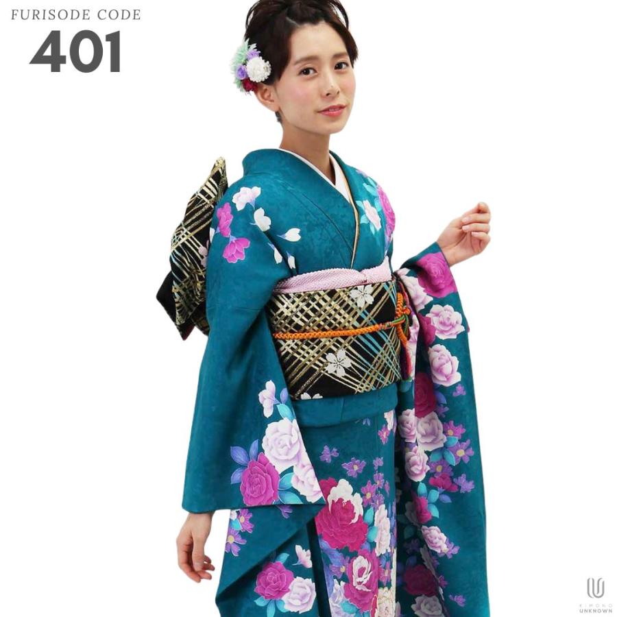 振袖 花柄 フルセット 対応身長155cm〜170cm】【正絹】成人式レンタル振袖フルセット-401 花