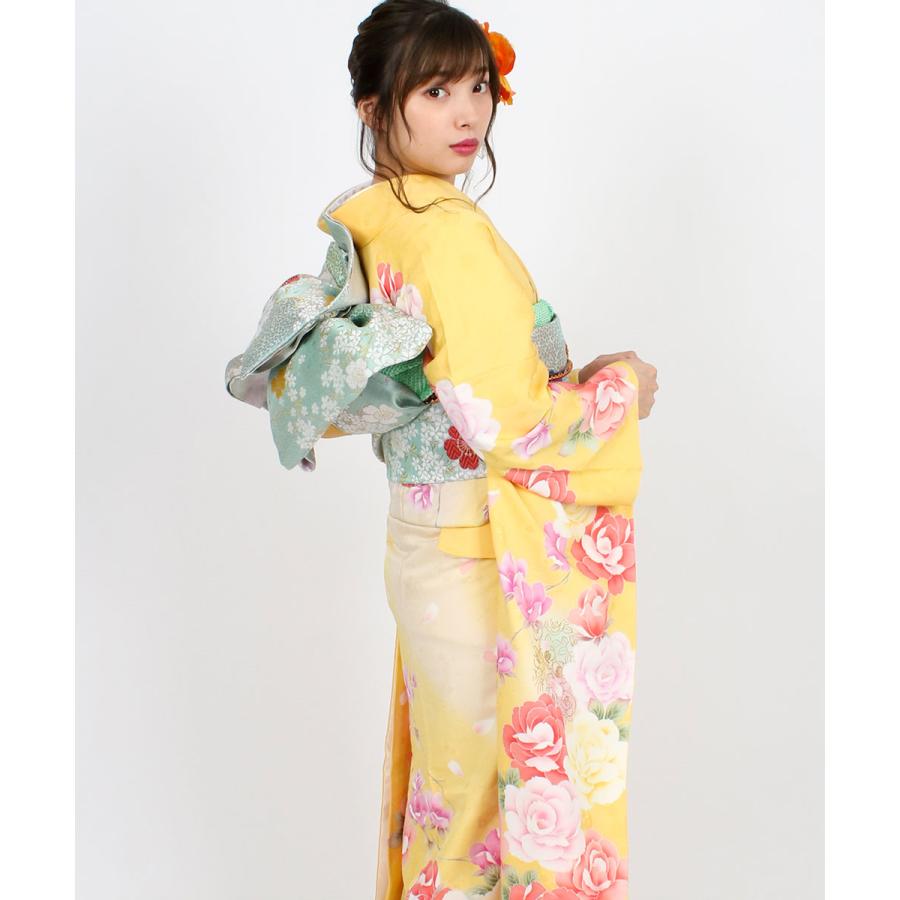 未使用に近い　正絹振袖フルセット　イエロー　華やかな花柄　ガード加工　成人式に 成人式】振袖レンタル [安心の長期間レンタル]【対応身長150cm〜165cm