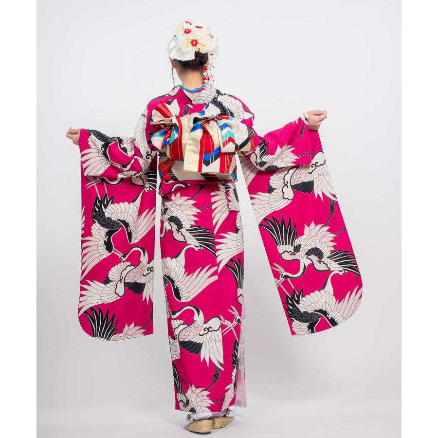 豪華振袖フルセット　ユニコーン　ピンクとシルバー 鶴　成人式に 対応身長150cm〜165cm】成人式レンタル振袖フルセット-916 レトロ