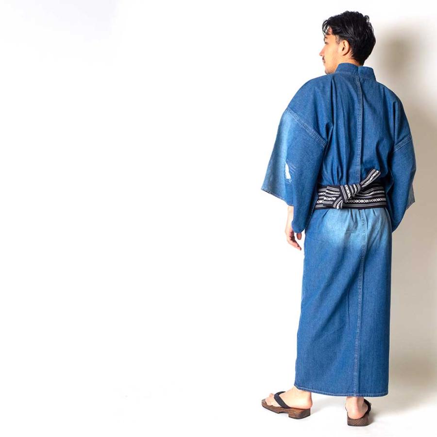 浴衣 メンズ/送料無料/着物+帯+下駄+腰紐/デニム着物浴衣メンズ