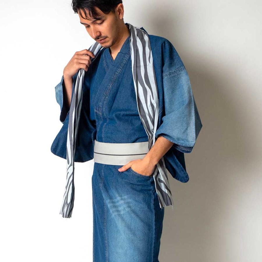 浴衣 メンズ/送料無料/着物+帯+下駄+腰紐/デニム着物浴衣メンズ