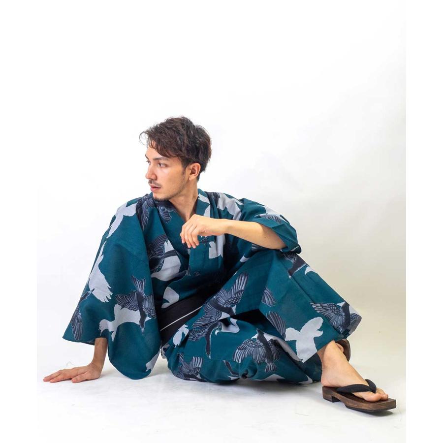 浴衣 メンズ/送料無料/浴衣+帯+下駄+腰紐/高級綿麻[Ummm.重ね八咫烏