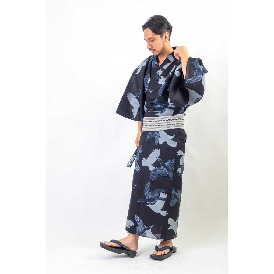 浴衣 メンズ/送料無料/浴衣+帯+下駄+腰紐/高級綿麻[Ummm.重ね八咫烏