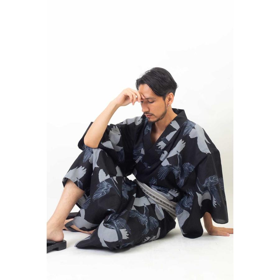 浴衣 メンズ/送料無料/浴衣+帯+下駄+腰紐/高級綿麻[Ummm.重ね八咫烏