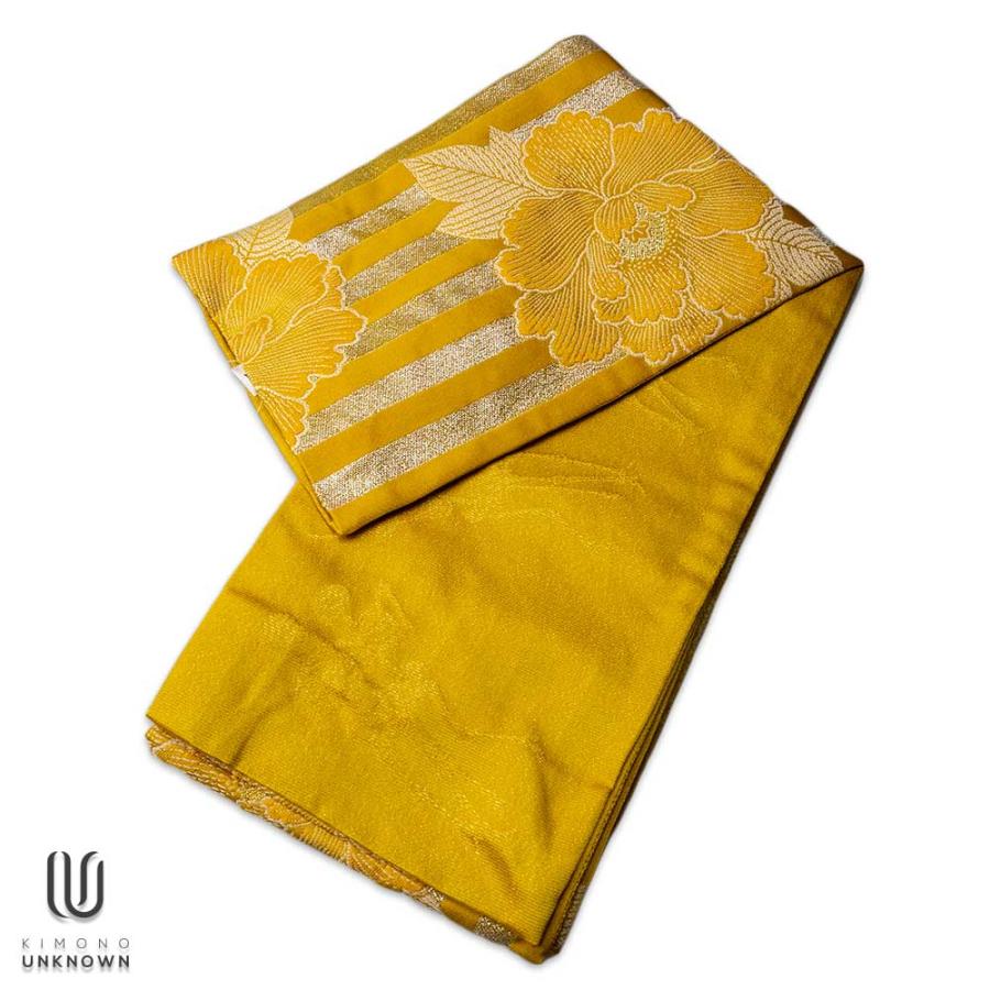 半巾帯【ゆかた帯】 京都岡重 花柄 牡丹 ボーダー 黄色 ゴールド 骸骨 ★浴衣 和服 和装 おしゃれ | 