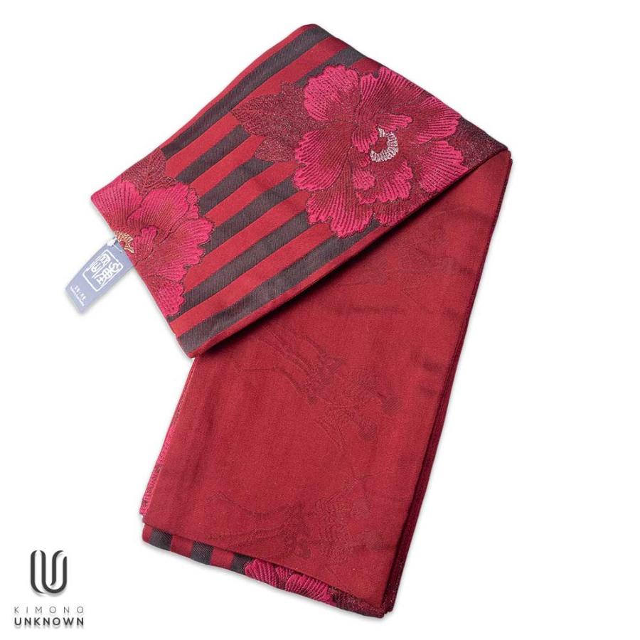 半巾帯【ゆかた帯】 京都岡重 花柄 牡丹 ボーダー 赤 黒 骸骨 ★浴衣 和服 和装 おしゃれ | 