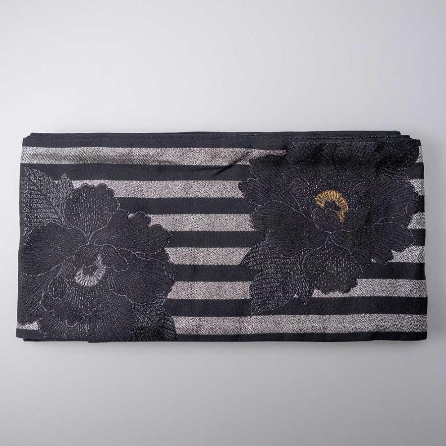 半巾帯【ゆかた帯】 京都岡重 花柄 牡丹 ボーダー シルバー 黒 骸骨 ★浴衣 和服 和装 おしゃれ |  | 04