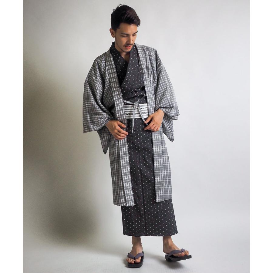 男浴衣セット/浴衣+帯+下駄+腰紐/水玉刺繍縞メンズ浴衣/お仕立て上がり