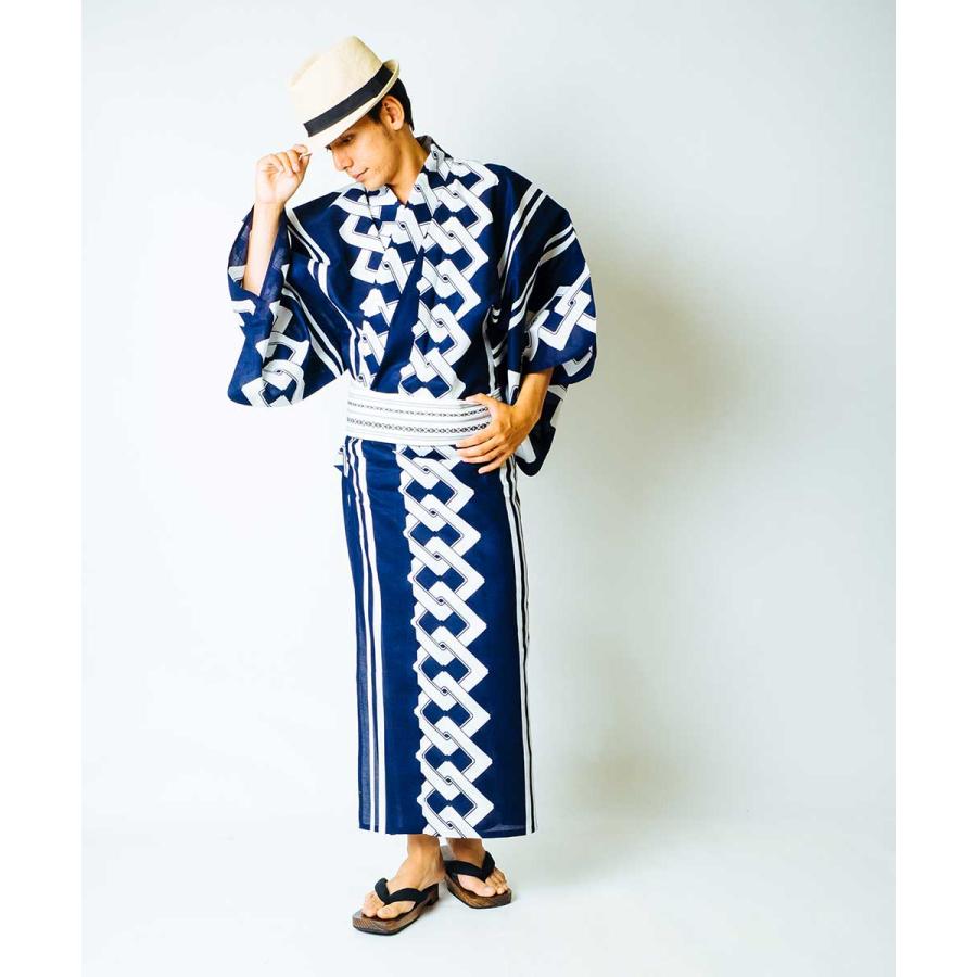 浴衣 メンズ/送料無料/日本製高級生地 男らしい古典柄 伝統的な紺白のゆかた/浴衣+帯+下駄+腰紐/「Ummm.JAPAN BLUE CLASSIC」/廓繋ぎ縞/(メンズ浴衣) |  | 05