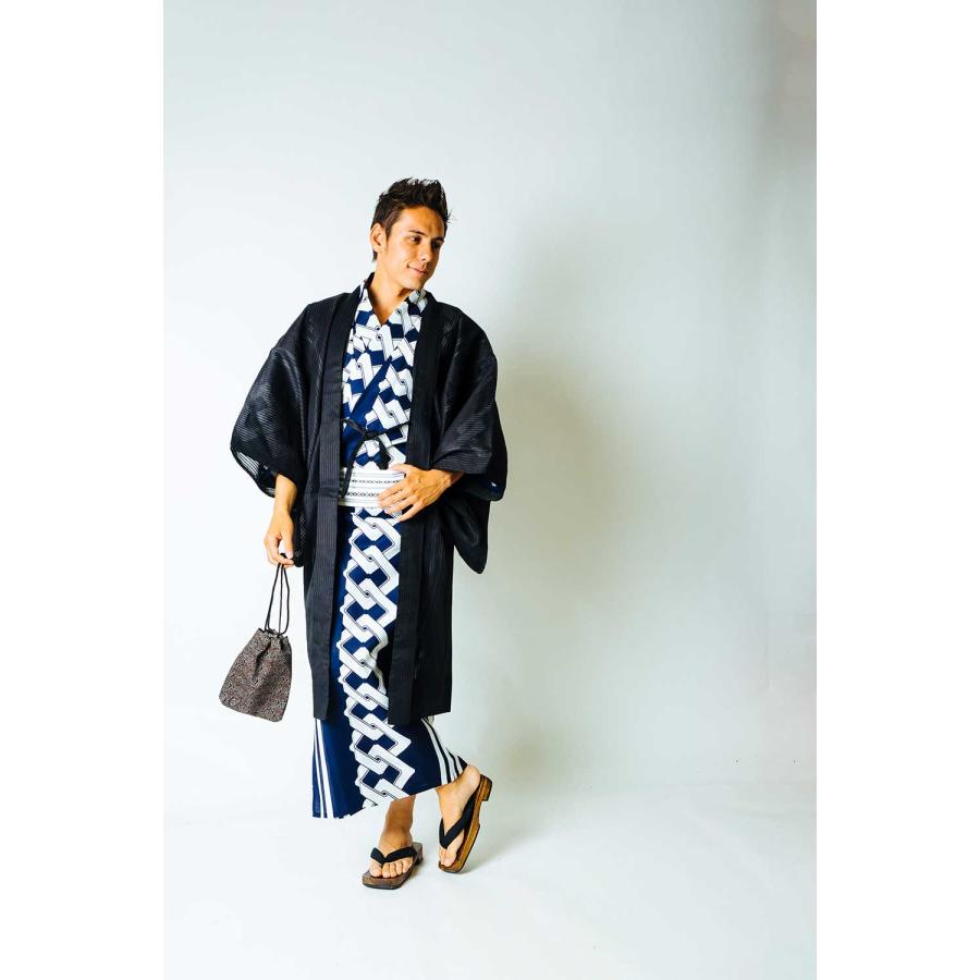 浴衣 メンズ/送料無料/日本製高級生地 男らしい古典柄 伝統的な紺白のゆかた/浴衣+帯+下駄+腰紐/「Ummm.JAPAN BLUE CLASSIC」/廓繋ぎ縞/(メンズ浴衣) |  | 06