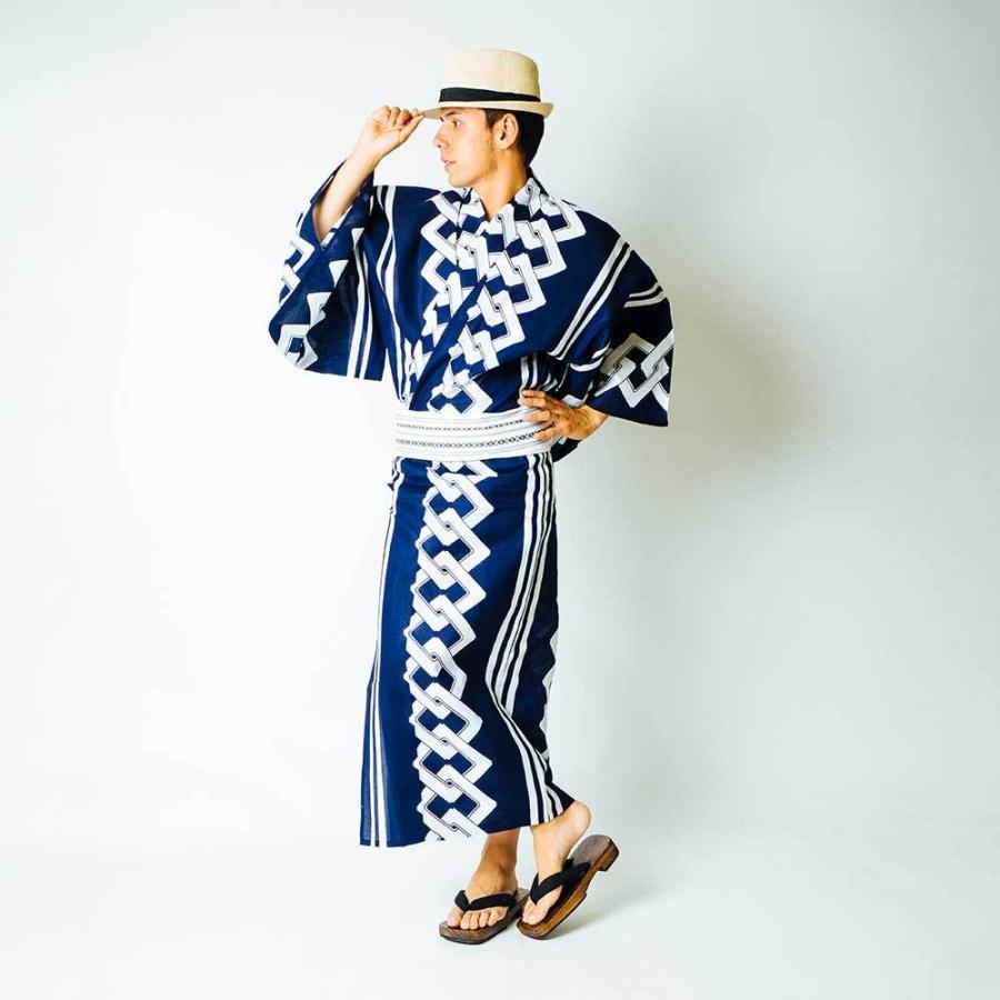 浴衣 メンズ/送料無料/日本製高級生地 男らしい古典柄 伝統的な紺白のゆかた/浴衣+帯+下駄+腰紐/「Ummm.JAPAN BLUE CLASSIC」/廓繋ぎ縞/(メンズ浴衣) |  | 08