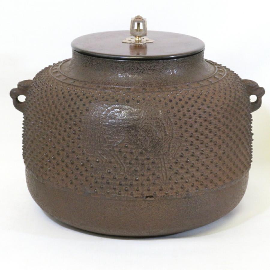 高級茶道具】京釜師 二代 吉羽與兵衛作 霰真形釜 銀ツマミ 馬地紋入