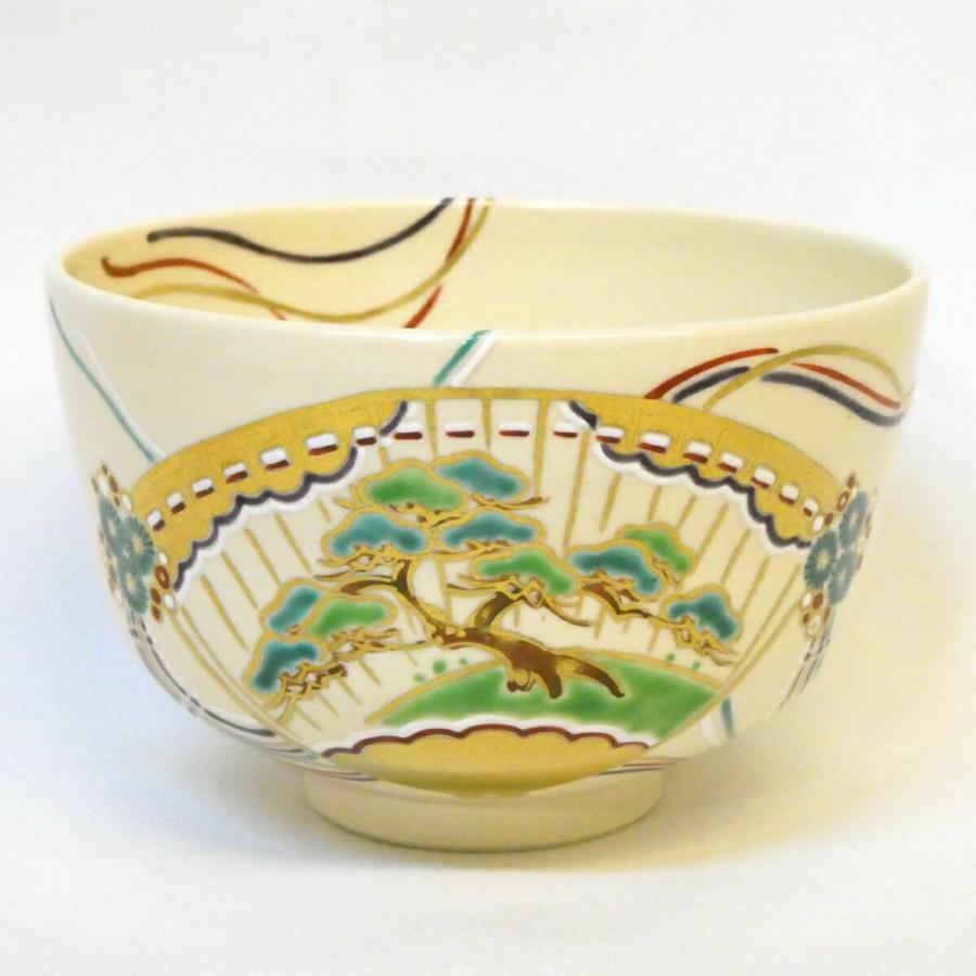 七月の特売品】丹山窯 小峠葛芳作 松緑 桧扇之絵 茶碗 色絵 小峠丹山