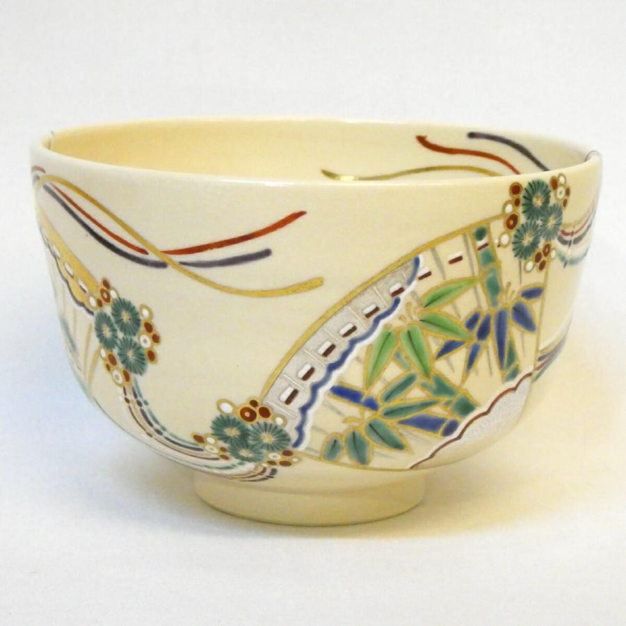 七月の特売品】丹山窯 小峠葛芳作 松緑 桧扇之絵 茶碗 色絵 小峠丹山
