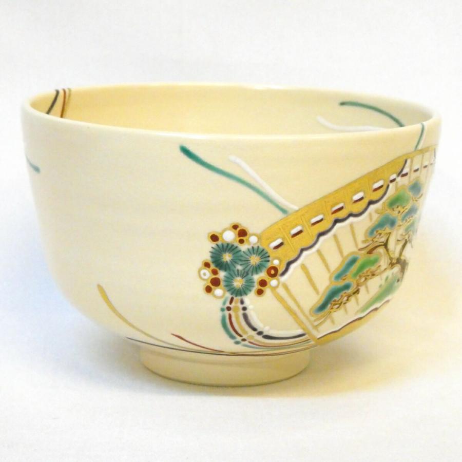 七月の特売品】丹山窯 小峠葛芳作 松緑 桧扇之絵 茶碗 色絵 小峠丹山