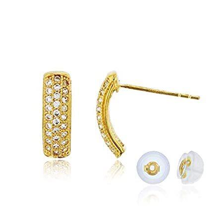 10K Yellow Gold Micropave Half Hoop Earring with Silicone Back 送料無料