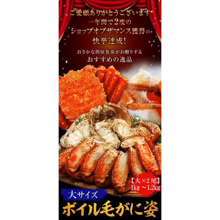 ボイル 毛ガニ 姿 大 2尾 1kg〜1.2g 毛蟹 訳あり 歳暮 中元 ギフト 進物 かに カニ 蟹 鍋 歳末 お歳暮 年末グルメ 贈答 迎春 | おさかな問屋 魚奏 | 01