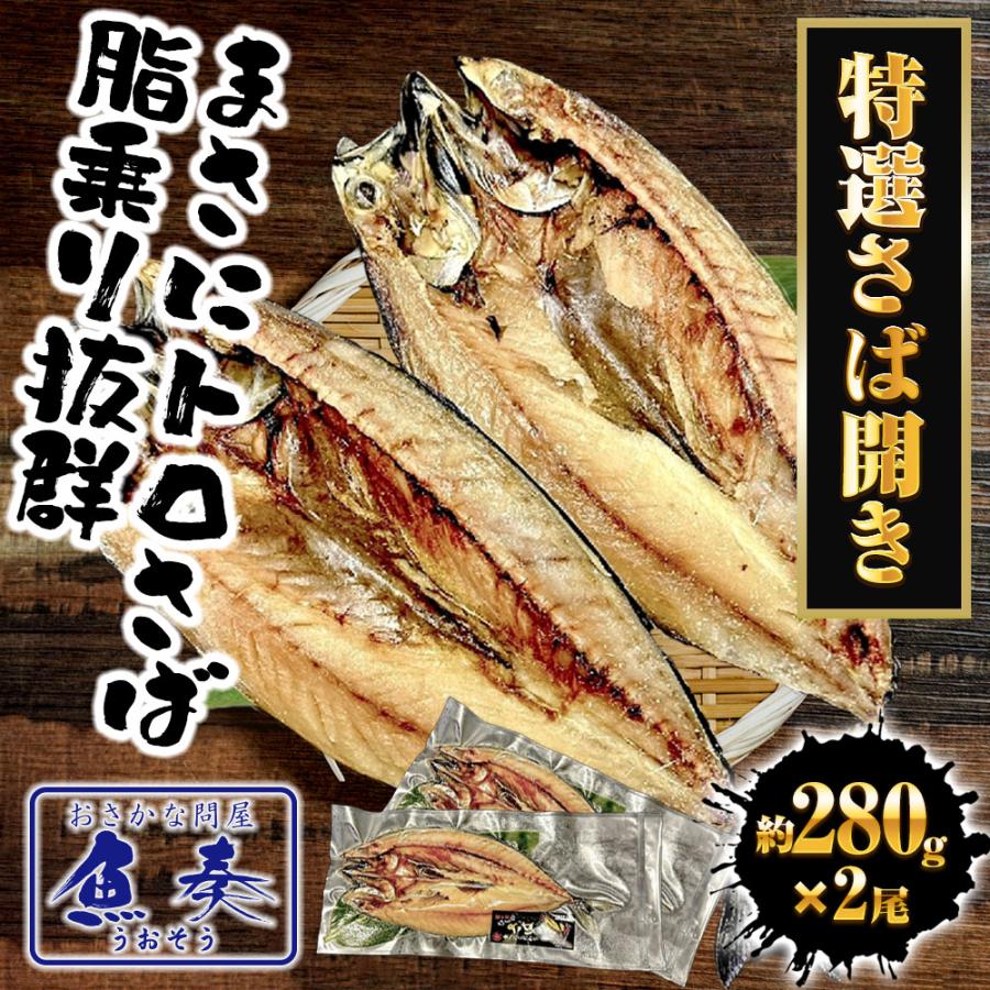 特選さば開き 2枚（1尾約280ｇ×2）1枚真空 笹の葉入りトロさば サバ開きさば サバ 鯖 一夜干し 干物 歳末 お歳暮 年末グルメ 贈答 迎春 | おさかな問屋 魚奏 | 01