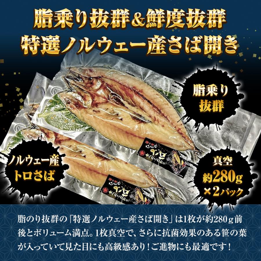 特選さば開き 2枚（1尾約280ｇ×2）1枚真空 笹の葉入りトロさば サバ開きさば サバ 鯖 一夜干し 干物 歳末 お歳暮 年末グルメ 贈答 迎春 | おさかな問屋 魚奏 | 02