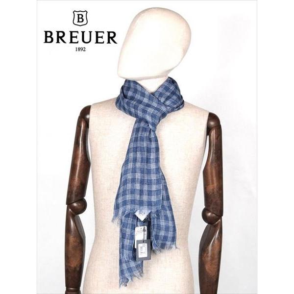 Breuer ブリューワー ラインチェック柄 リネンストール 薄手 ブルー 277 040 イタリア製 麻 マフラー 国内正規品 Sagaretxe Net