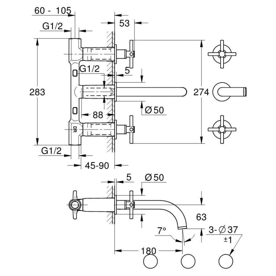 【直送商品】GROHE[グローエ] 【2066100J】 2ハンドル壁出洗面混合栓(吐水口寸法180mm) アトリオ_1