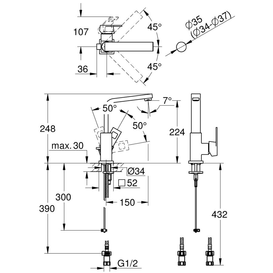 【直送商品】GROHE[グローエ] 【23 135 E0J】 ユーロキューブ・シングルレバー洗面混合栓（引棒付） ユーロキューブ_1