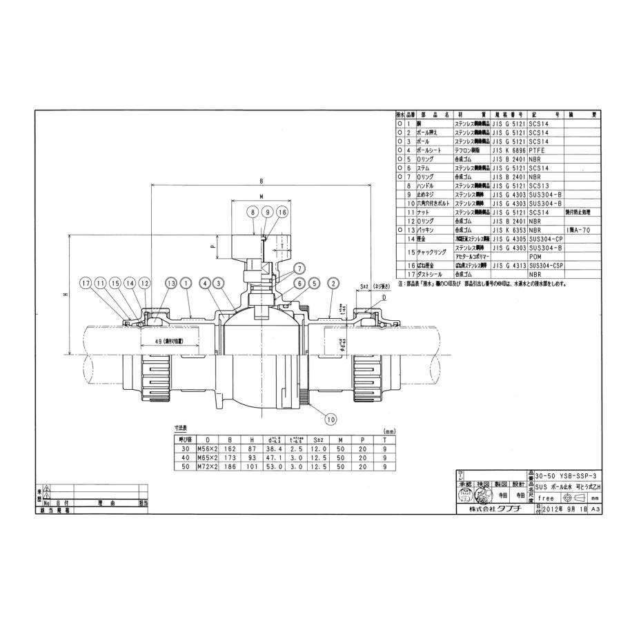 タブチ TBC TABUCHI 【25843500-3】 SUS ボール止水 可とう式乙H ステンレス製ボール止水栓乙ハンドル式 右閉じ 可とう継手付 品番：40 YSB-SSP-3_1