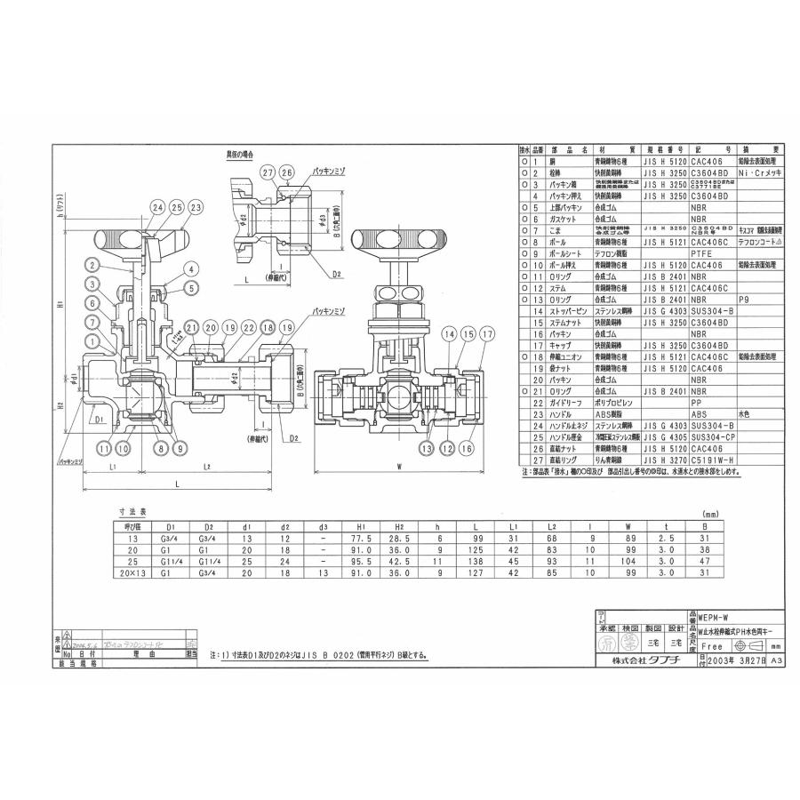 タブチ TBC TABUCHI 【25870121】 W止水栓 伸縮式 PH水色 両キー 水検 W止水栓水色丸形ハンドル式 両キー・キャップ付 品番：13 WEPM-W*_1