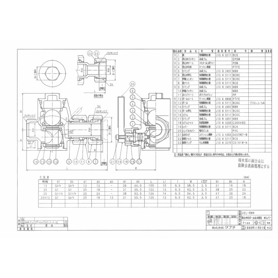タブチ TBC TABUCHI 【25900361】 逆止弁付ボール止水栓 右 Wレバー 重力式逆止弁付ボール式止水栓レバーハンドル式 右 Wレバー 品番：25 JEL-RW*