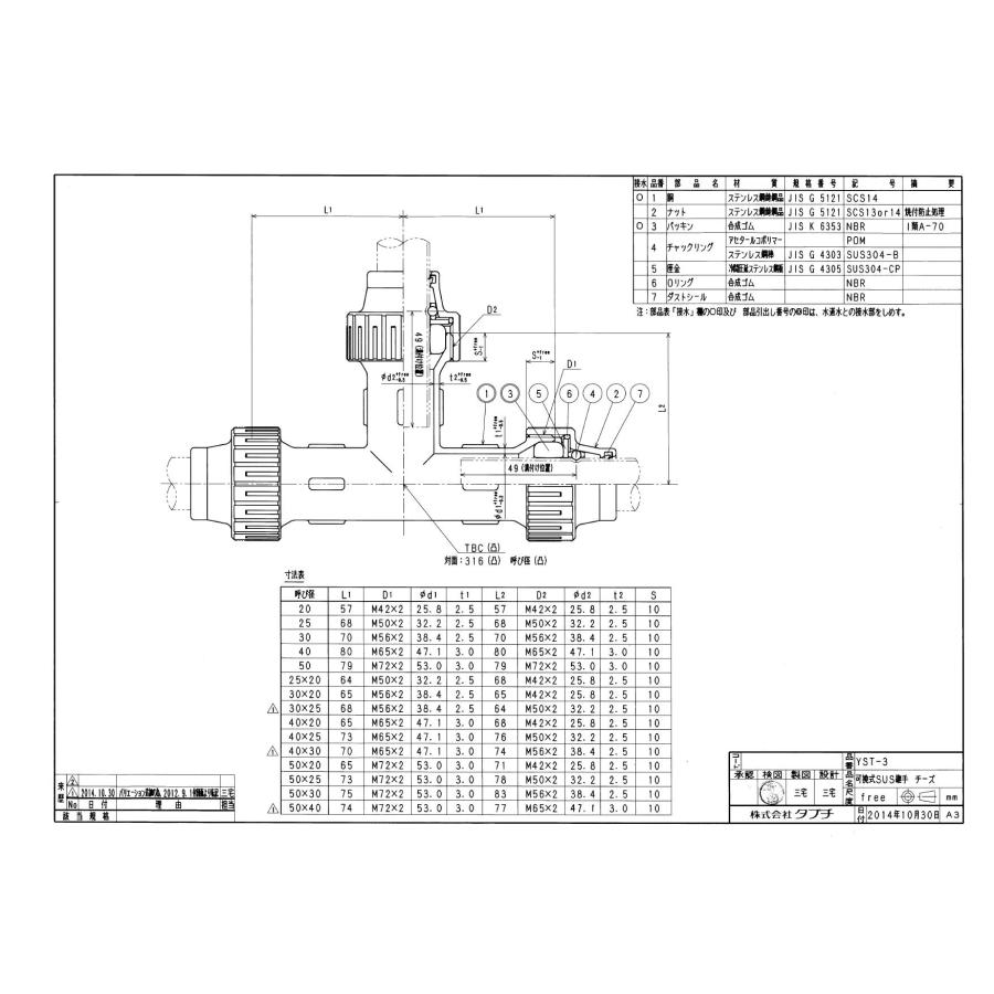 タブチ TBC TABUCHI 【32013320-3】 可撓式SUS継手 チーズ ステンレス製伸縮可とう式継手 YSタイプチーズ 品番：25X20 YST-3