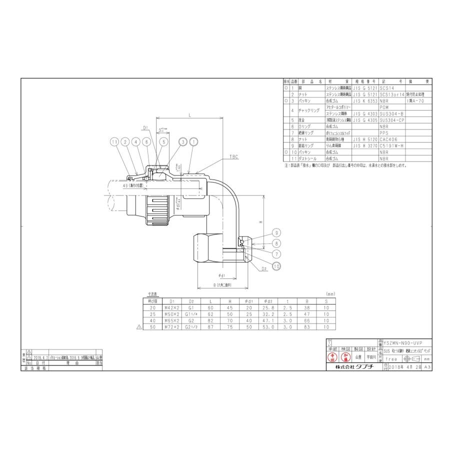 タブチ TBC 【32090106】 SUS 可とう式継手 絶縁ユニオン 90°ベンド ステンレス製伸縮可とう式継手 YSタイプ絶縁ユニオン エルボ 品番：50 YSZMN-N90-UVP_1