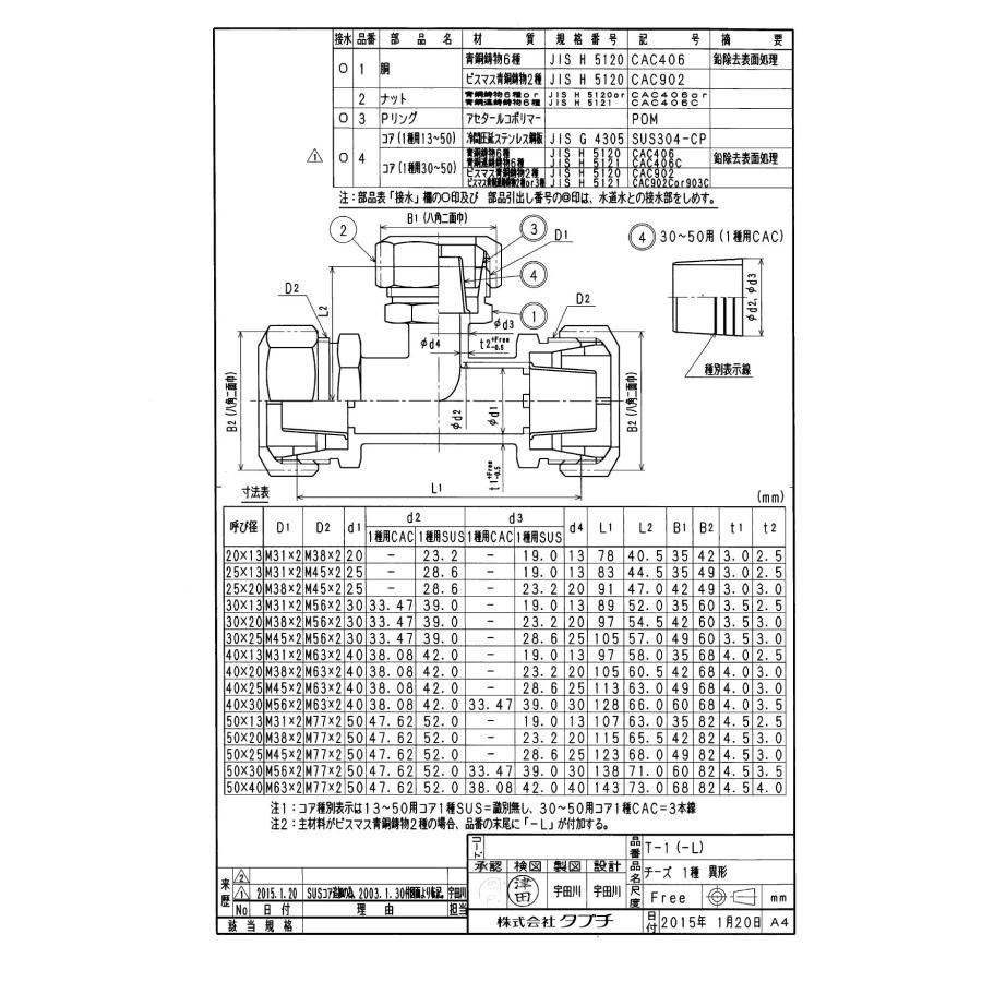 タブチ TBC TABUCHI 【33741201-25】 チーズ 2種 水検 SPジョイントチーズ 2種 鉛レス銅合金 品番：30X20 T-2*-L