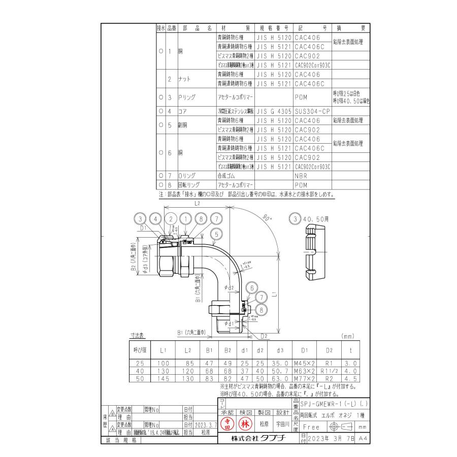 タブチ TBC TABUCHI 【34030601-25-2-1】 両回転式 エルボ オネジ 1種 品番：50 SPJ-GMEWR-1-L