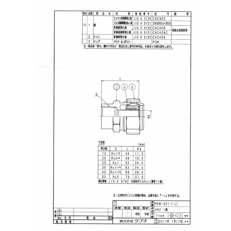 タブチ TBC TABUCHI 【34850106-25】 メネジ 1種 水検 ポリエチレン管用コア一体型継手鋼管用メネジ 品番：50 PEM-GV1*-L_1