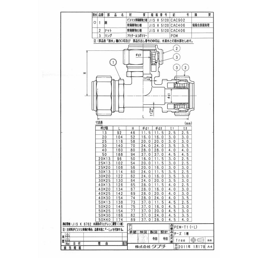 タブチ TBC TABUCHI 【34850642-25】 チーズ 1種 水検 ポリエチレン管用コア一体型継手チーズ 品番：30X20 PEM-T1*-L_1
