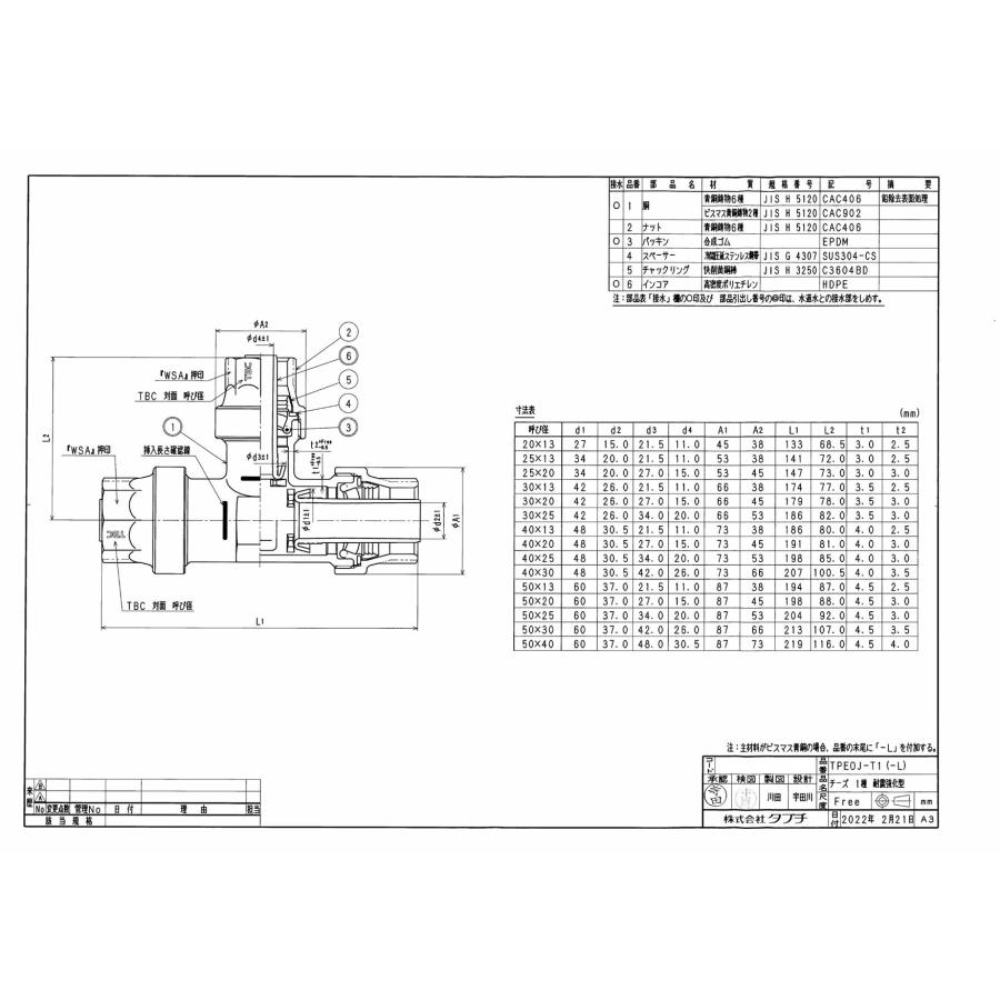 タブチ TBC TABUCHI 【34866061-25】 チーズ 1種 耐震強化型 耐震性能強化型 ポリワン継手/ポリエチレン管用ワンタッチ継手チーズ 品番：50X13 TPEOJ-T1-L_1