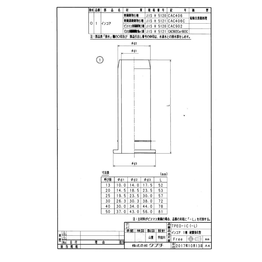 タブチ TBC TABUCHI 【34930015】 インコア 1種 耐震強化型 耐震性能強化型 ポリワン継手/ポリエチレン管用ワンタッチ継手インコア  品番：40 TPEOJ-IC