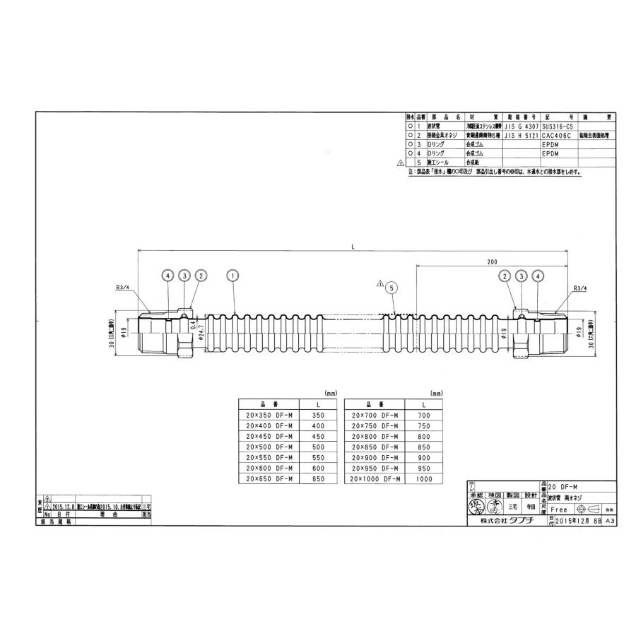 タブチ TBC TABUCHI 【60024680】 波状管 両オネジ メータユニット部品パイプシャフト用波状管 品番：20X800 DF-M_1