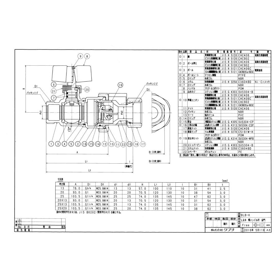 タブチ TBC TABUCHI 【78460202】 L止水 蝶ハンドル付 金門 逆止弁付ボール式止水栓蝶形ハンドル式 金門ネジ 品番：20 BLB-K_1