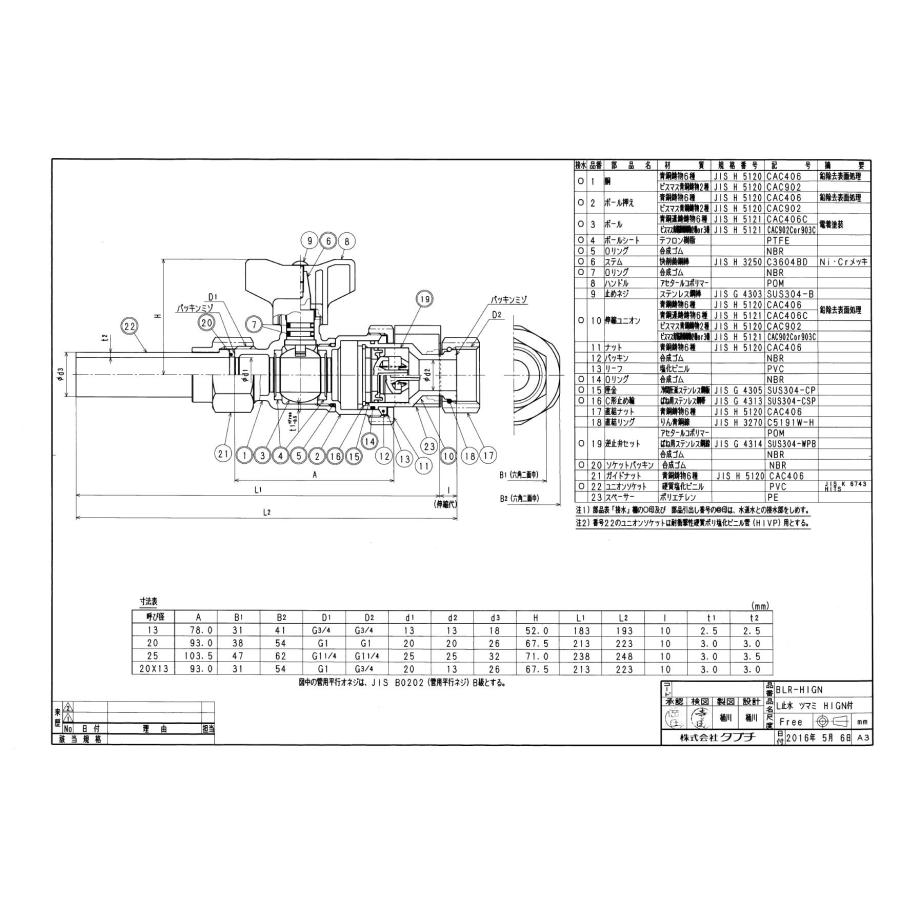 タブチ TBC TABUCHI 【78480104】 L止水 ツマミ HIGN付 逆止弁付ボール式止水栓ツマミハンドル式・HIガイドナットセット付 品番：13 BLR-HIGN_1