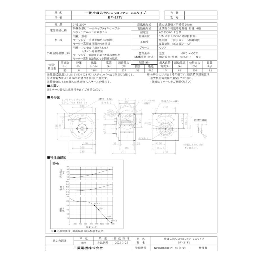 三菱 mitsubishi 換気扇 【BF-21T5】 産業用送風機 [本体]片吸込形