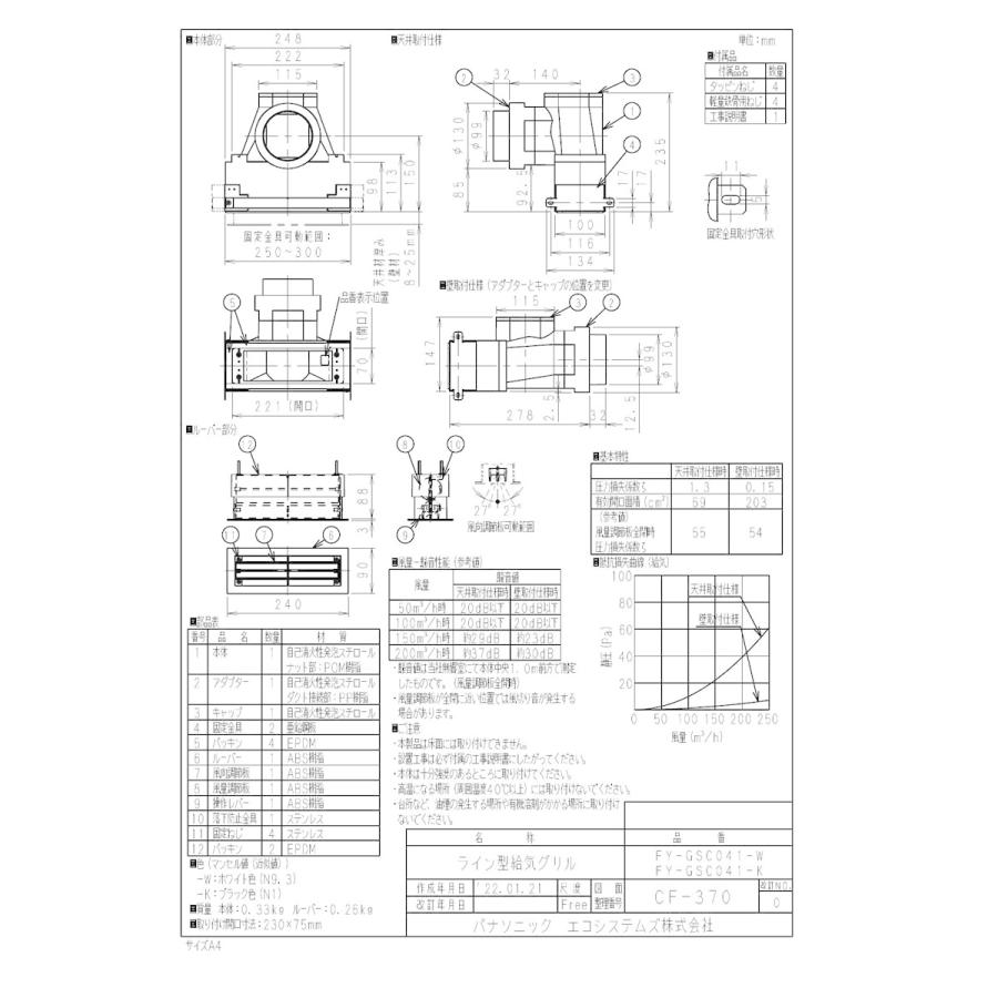 Panasonic パナソニック 換気扇部材 【FY-GSC041-K】ライン型給