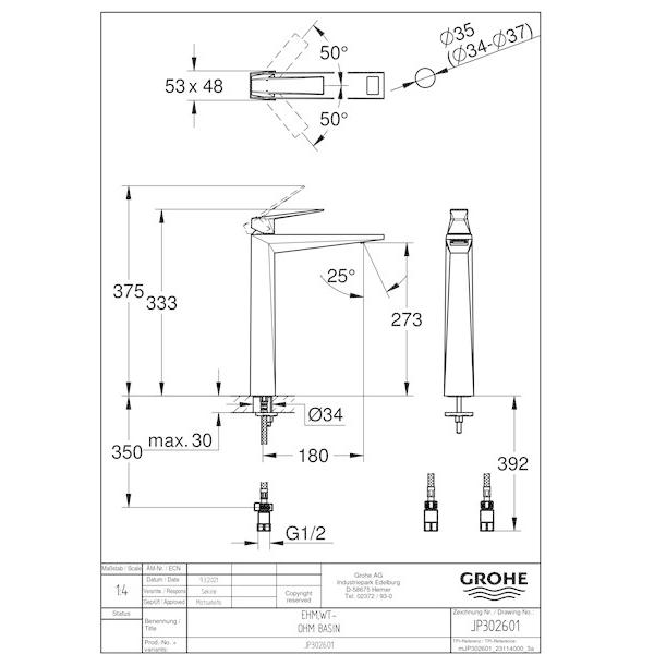 GROHE[グローエ]洗面用水栓 【JP 3026 01】 アリュールブリリアント シングルレバー洗面混合栓(据置洗面器用・引棒なし)【メーカー直送】