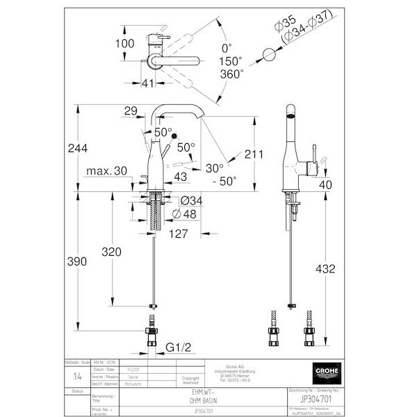 GROHE[グローエ]洗面用水栓 【JP 3047 01】 エッセンス シングルレバー洗面混合栓(引棒付)【メーカー直送のみ・代引き不可・NP後払い不可】の画像