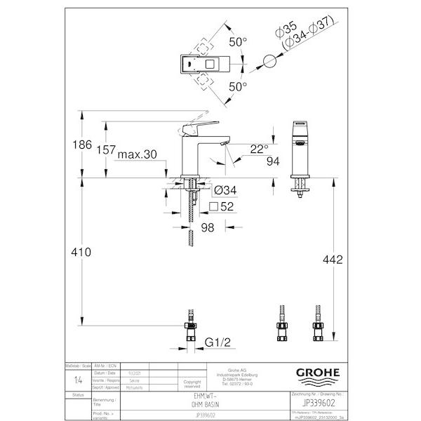 GROHE[グローエ]洗面用水栓 【JP 3396 02】 ユーロキューブ シングルレバー洗面混合栓(引棒なし)【メーカー直送のみ・代引き不可・NP後払い不可】の画像